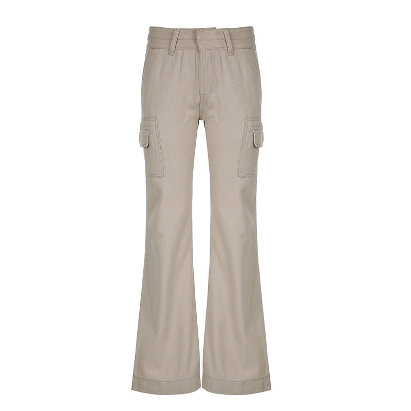 American Style Retro Pocket Low Waist Denim Flared Pants Hot Girl Personality Casual All-Match Loose Slimming Trousers