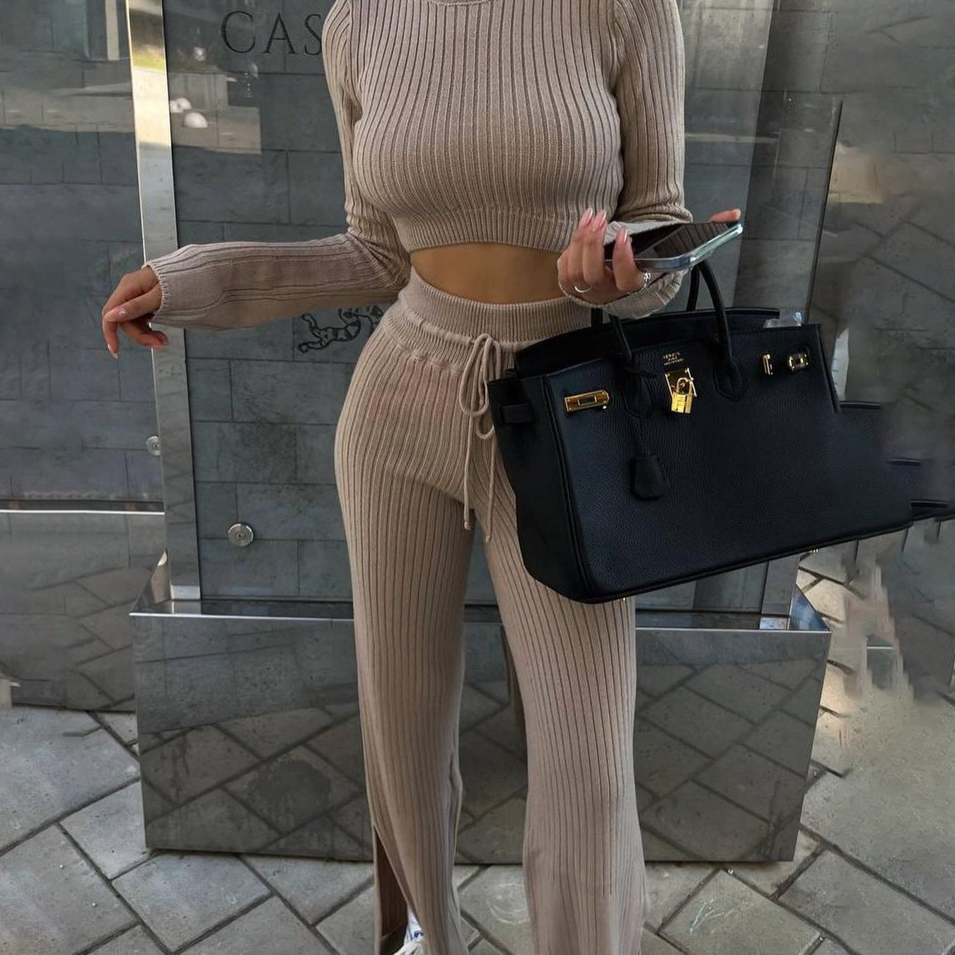 LIZAKOSHT  -  Cross-border European and American Casual Fashion Knitted Suits for Women Autumn and Winter Round Neck Navel-baring Tops Flared Lace-up Trousers Two-piece Suit