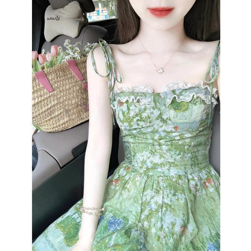 cybergoth dress to impress Niche Summer New Green Floral Strap Dress Women's Long Seaside Holiday Skirt Waist-Tight A- line Skirt Fashion