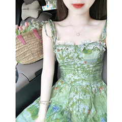 cybergoth dress to impress Niche Summer New Green Floral Strap Dress Women's Long Seaside Holiday Skirt Waist-Tight A- line Skirt Fashion