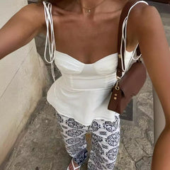 y2k outfits Style 2024 Summer New Women's Solid Color Sleeveless Pleated Strap Corset Top