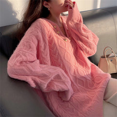 Lizakosht Sweater Women's autumn Winter Retro Handmade Three-dimensional Flower Lazy Wind Sweater Loose-Fit Sweaters Ladies Jumper