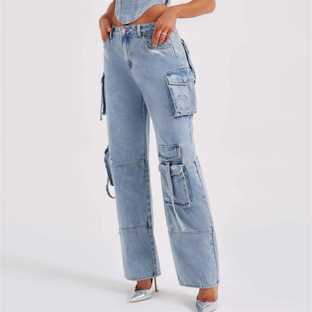 LIZAKOSHT  -  Cross-border European and American New Personalized Multi-pocket Wide-leg Overalls for Women in Autumn, Slim and Versatile Straight Jeans for Women
