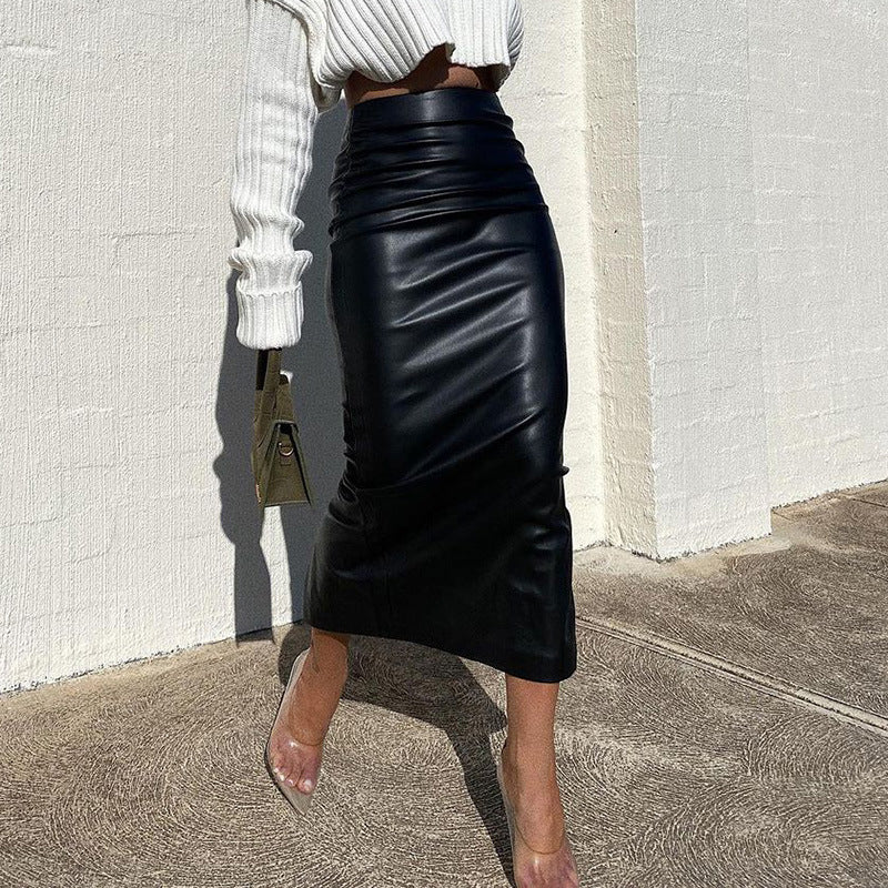 leapord halloween outfit Fashionable Black Leather Skirt Women's Spring High Waist Slimming Sexy Hip Skirt