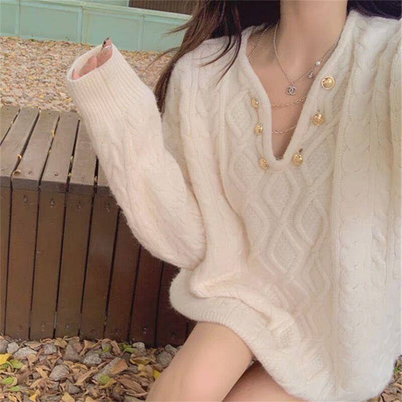 Lizakosht Sweater Women's autumn Winter Retro Handmade Three-dimensional Flower Lazy Wind Sweater Loose-Fit Sweaters Ladies Jumper
