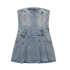 denim dress Summer New Style Wide Pleated Slim Fit Mini Tube Top Denim Dress