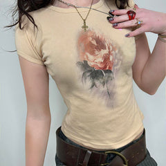 LIZAKOSHT  -  Women's Gradient Rose Print Short-sleeved T-shirt, Round Neck Retro Slim Fit Basic All-match Top