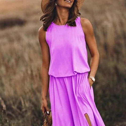 LIZAKOSHT  -  2024 Summer European and American Women's Clothing Trend Retro Round Neck Sleeveless Slit Solid Color Two-piece Dress