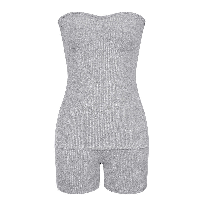 LIZAKOSHT  -  Two-piece Set Women's Minimalist Solid Split Hem Tube Top & Elastic Waist Shorts Two-piece Set, Lady Comfort Sleeveless Strapless Top & Skinny Shorts, Casual Summer Outfits Clothes Set for Outdoor Holiday, Womenswear Suits