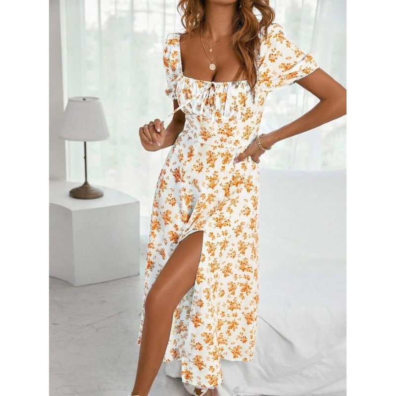 LIZAKOSHT  -  Women's Ditsy Floral Print Puff Sleeve Split Thigh Dress, Boho Short Sleeve Tie Front Square Neck A Line Midi Dress for Beach Holiday Vacation, Ladies Summer Clothes