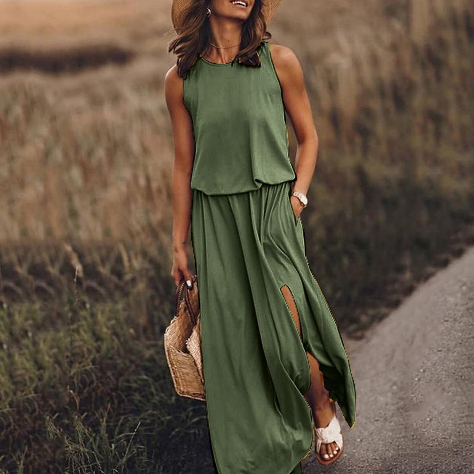 LIZAKOSHT  -  2024 Summer European and American Women's Clothing Trend Retro Round Neck Sleeveless Slit Solid Color Two-piece Dress