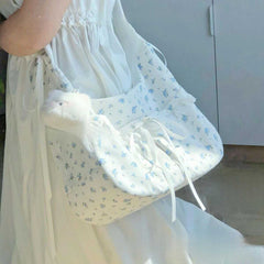 Fresh Canvas Bag 2024 New Fashion One-Shoulder Floral New Bow Fresh Cloth Bag Cute Cloth Bag