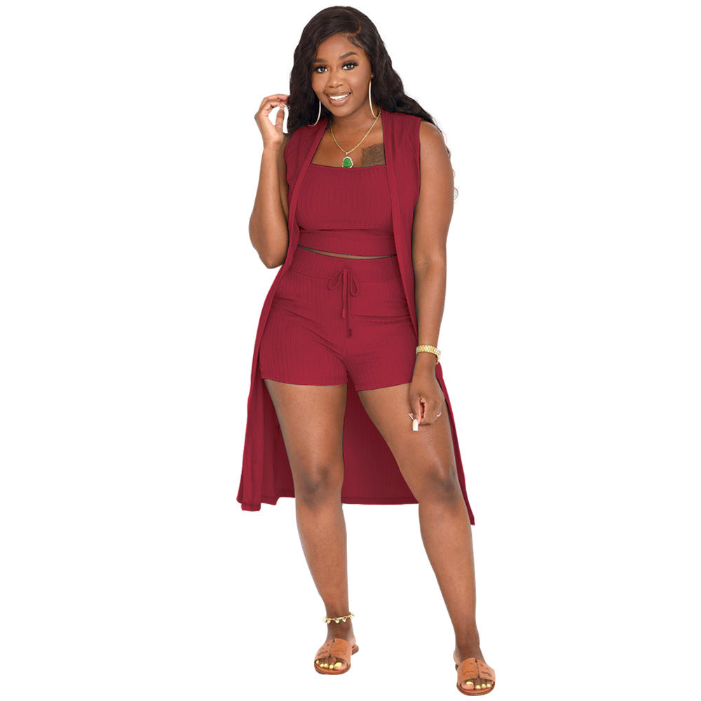 LIZAKOSHT  -  Women's Solid Ribbed Co-ord Set, Casual Crop Tank Top & Drawstring Waist Shorts & Vest Coat Set for Daily Wear, Summer Clothes, Womenswear