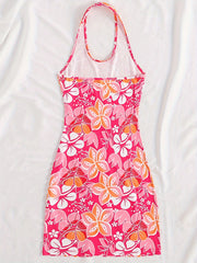 LIZAKOSHT  -  Women's Floral Print Backless Halter Tank Dress, Casual Sleeveless Short Dress for Summer Beach Holiday Vacation, Ladies Clothes for Daily Wear