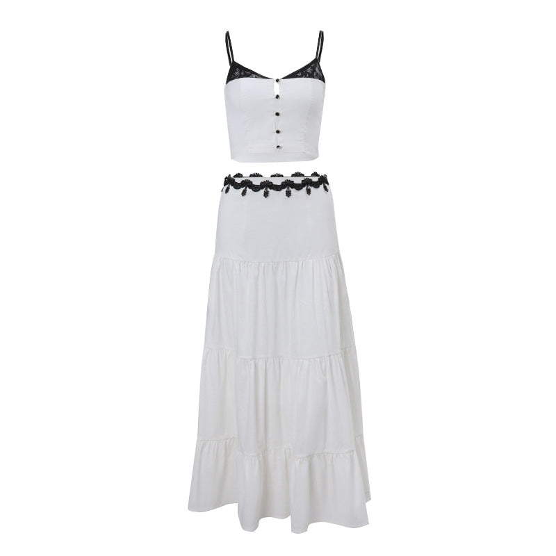 picture day outfit French Style Fresh Holiday Style Contrast Color Stitching Camisole + Word Large Swing over the Knee Skirt Suit Women's Summer