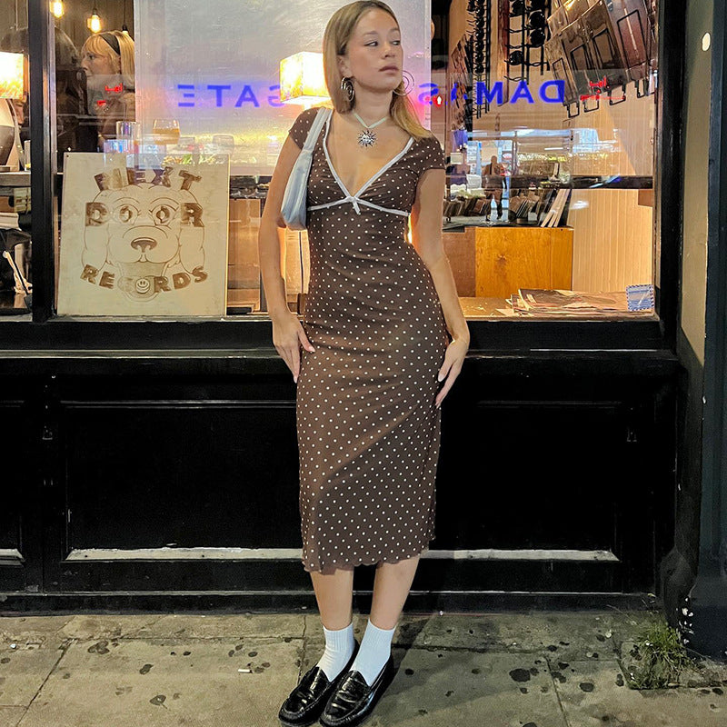 LIZAKOSHT  -  Women's Polka Dot Contrast Lace Long Skirt, V-neck High Waist Retro Dress