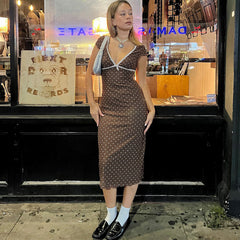 LIZAKOSHT  -  Women's Polka Dot Contrast Lace Long Skirt, V-neck High Waist Retro Dress