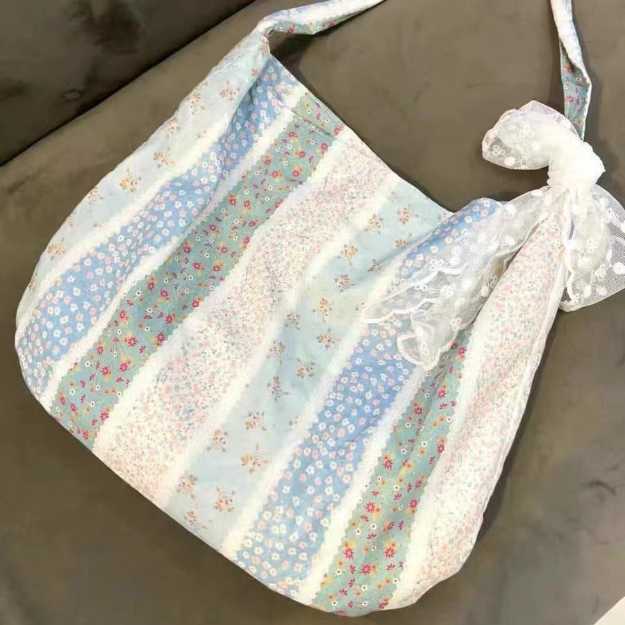 New French Floral Canvas Bag Niche Commuter Portable Underarm Bag Large Capacity Folding Portable Shoulder Tote Bag