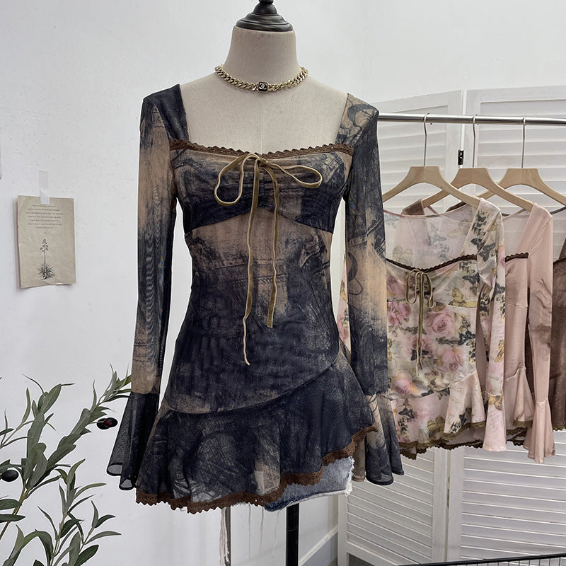 2000s fashion Spring and Summer New French Square Collar Lace-up Blooming Flared Long-Sleeved Top Lace Edge Design T-shirt