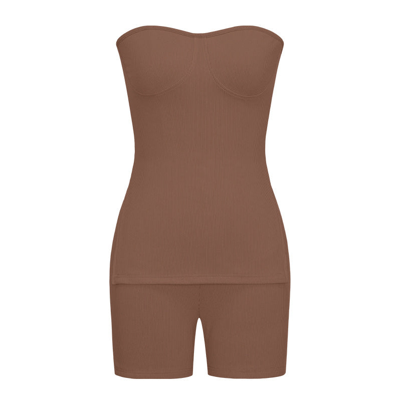 LIZAKOSHT  -  Two-piece Set Women's Minimalist Solid Split Hem Tube Top & Elastic Waist Shorts Two-piece Set, Lady Comfort Sleeveless Strapless Top & Skinny Shorts, Casual Summer Outfits Clothes Set for Outdoor Holiday, Womenswear Suits