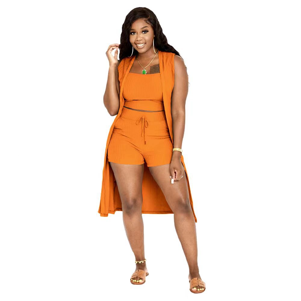 LIZAKOSHT  -  Women's Solid Ribbed Co-ord Set, Casual Crop Tank Top & Drawstring Waist Shorts & Vest Coat Set for Daily Wear, Summer Clothes, Womenswear