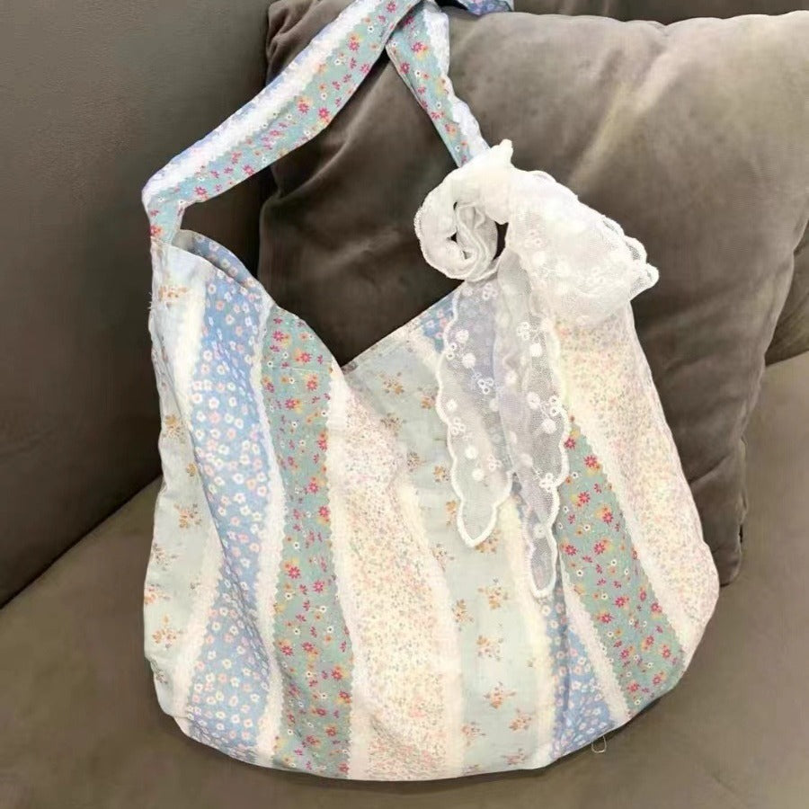 New French Floral Canvas Bag Niche Commuter Portable Underarm Bag Large Capacity Folding Portable Shoulder Tote Bag