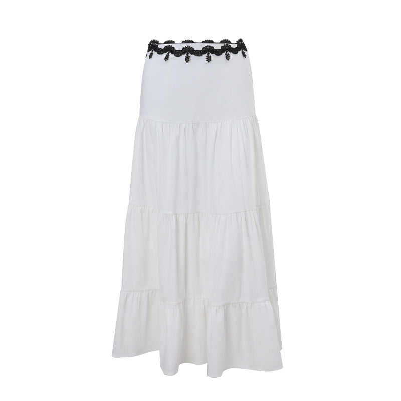 picture day outfit French Style Fresh Holiday Style Contrast Color Stitching Camisole + Word Large Swing over the Knee Skirt Suit Women's Summer
