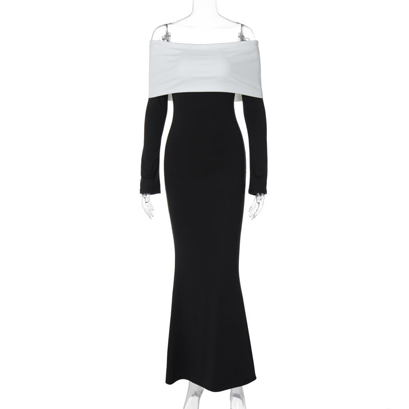 business casual outfits for women French Fashion Classic Contrast Color Laminated Chest Wrap Long Sleeve Slim-Fit Sheath Elegant Style Long Dress