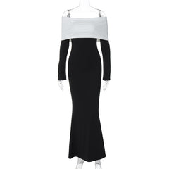 business casual outfits for women French Fashion Classic Contrast Color Laminated Chest Wrap Long Sleeve Slim-Fit Sheath Elegant Style Long Dress