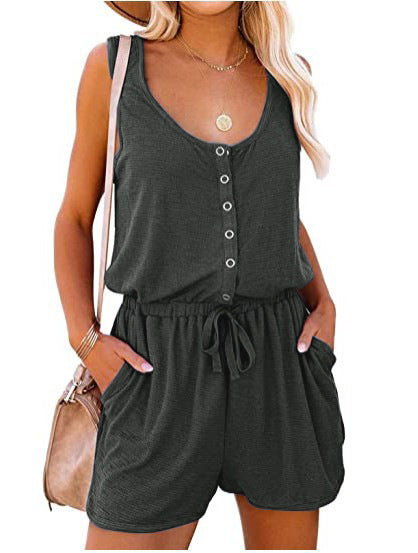 LIZAKOSHT  -  Fisoew Women's Summer Scoop Neck Sleeveless Button Down Tank Top Rompers Elastic Waist Shorts Outfits with Pockets
