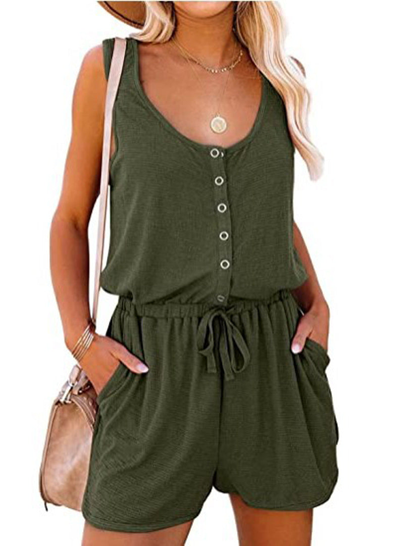 LIZAKOSHT  -  Fisoew Women's Summer Scoop Neck Sleeveless Button Down Tank Top Rompers Elastic Waist Shorts Outfits with Pockets