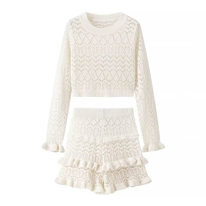 LIZAKOSHT  -  college halloween costume ideas Women's Spring and Summer Knitted Suit Break Sexy Hot Girl Long-Sleeved Short Top Hot Pants Two-Piece Set