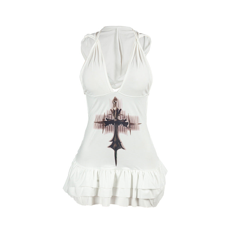 LIZAKOSHT  -  Women's Cross Print Ruffle Hem Twist Tie Back Hooded Dress, Ruched Backless A Line Short Dress for Summer, Ladies Clothes for Party Holiday Vacation