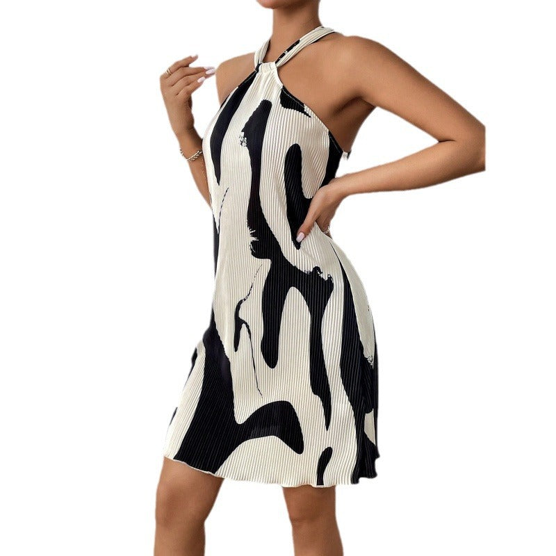 LIZAKOSHT  -  Women's Abstract Print Halter Ribbed Dress, Fashion Sleeveless Short Dress, Ladies Dresses for Summer