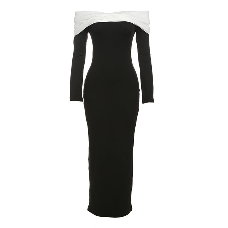business casual outfits for women Style 2024 Autumn Fashionable Elegant Contrast Color off-Shoulder Long Sleeve High Waist Slim Fit Dress Women