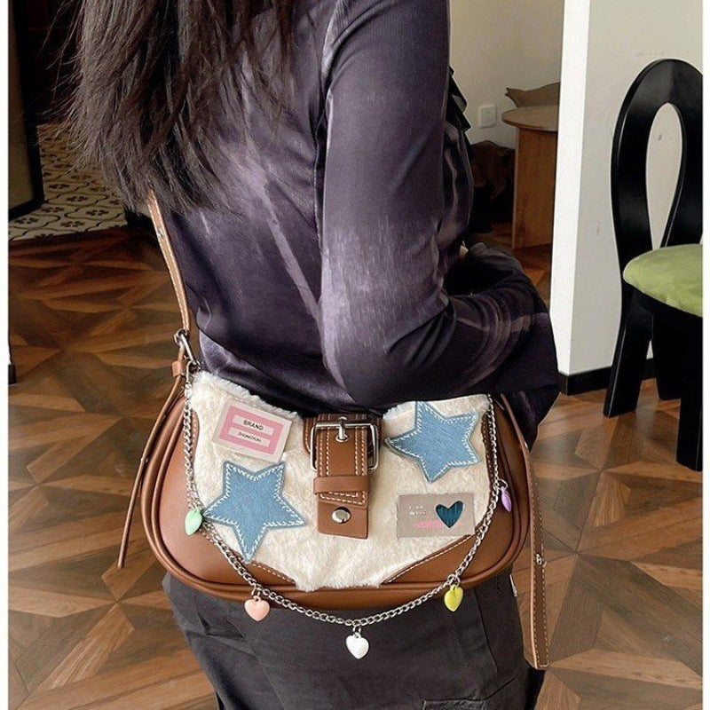 Harajuku Bag Y 2000 Xi Plush Underarm Bag Niche Five-Pointed Star Crossbody Crescent Shoulder Bag Women's Bag
