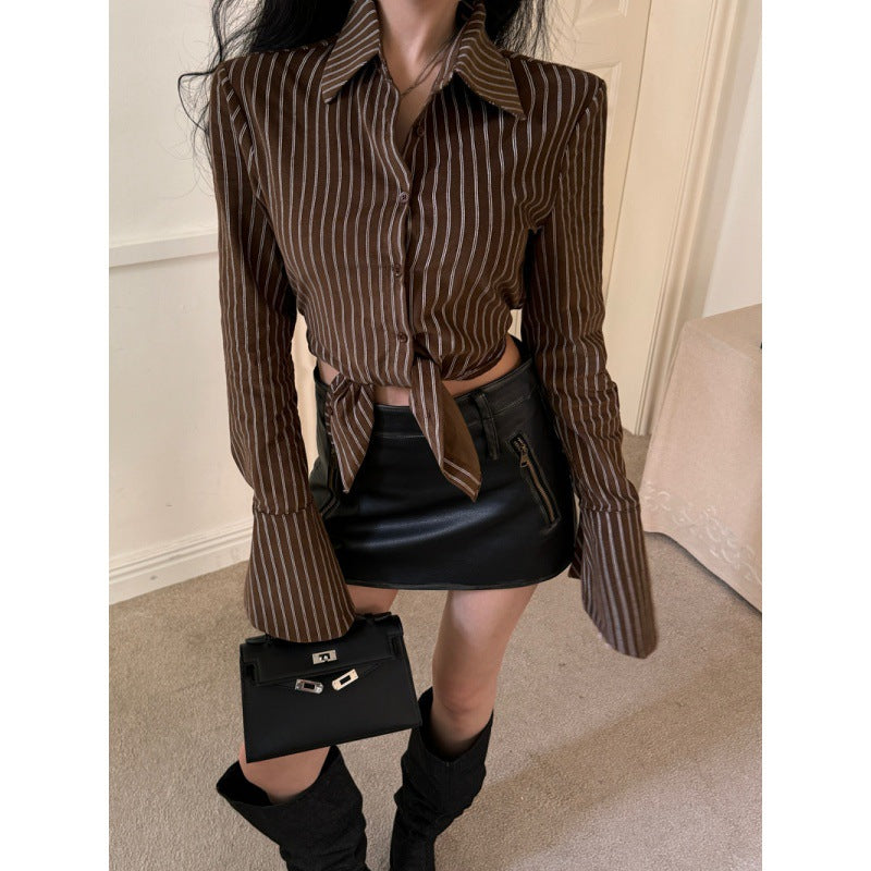 y2k Spring Hot Girl American Preppy Style Striped Hollow Lace-up Long Sleeve Shirt Maillard Bell Sleeve Top for Women