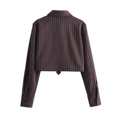 y2k Urban Commuter Elegant Tie Shirt Fashionable Striped Contrast Color Cardigan Elegant Lapel Short Single-Breasted Cardigan