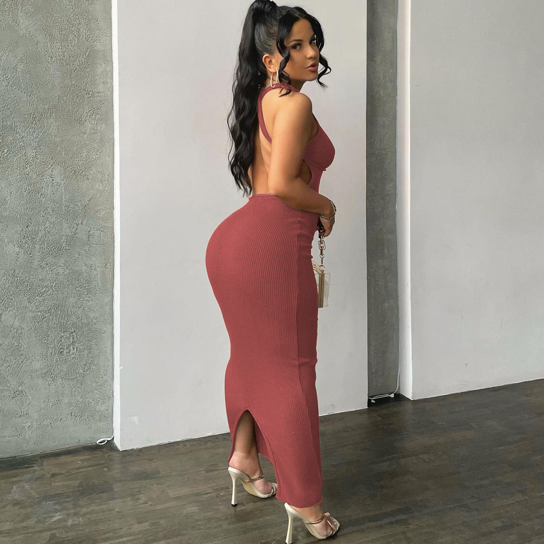 LIZAKOSHT  -  Women's Plain Criss Cross Backless Split Back Bodycon Dress, Casual Round Neck Long Tank Dress, Ladies Summer Clothes for Daily Wear Holiday, Old Money Dress