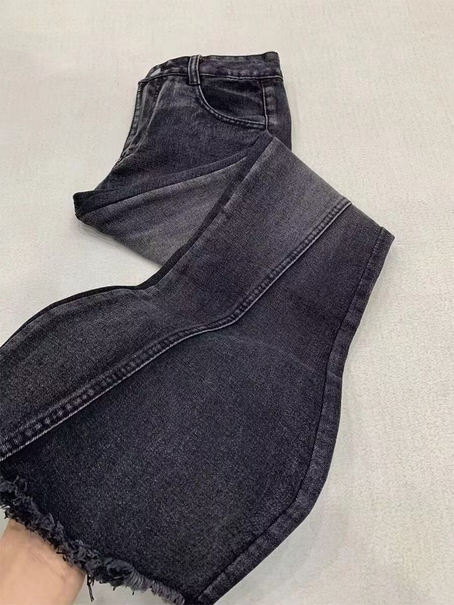 y2k American Retro Butterfly Stitching Frayed Jeans Women's Micro Horn Loose Slimming Straight Mop Pants Spring and Autumn New