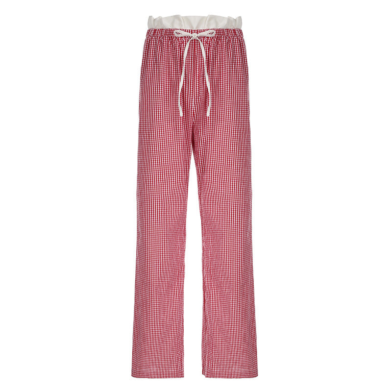 y2k Women's Striped Stitching Contrast Color High Waist Drawstring Loose Straight Woven Fashionable Casual Comfortable Trousers