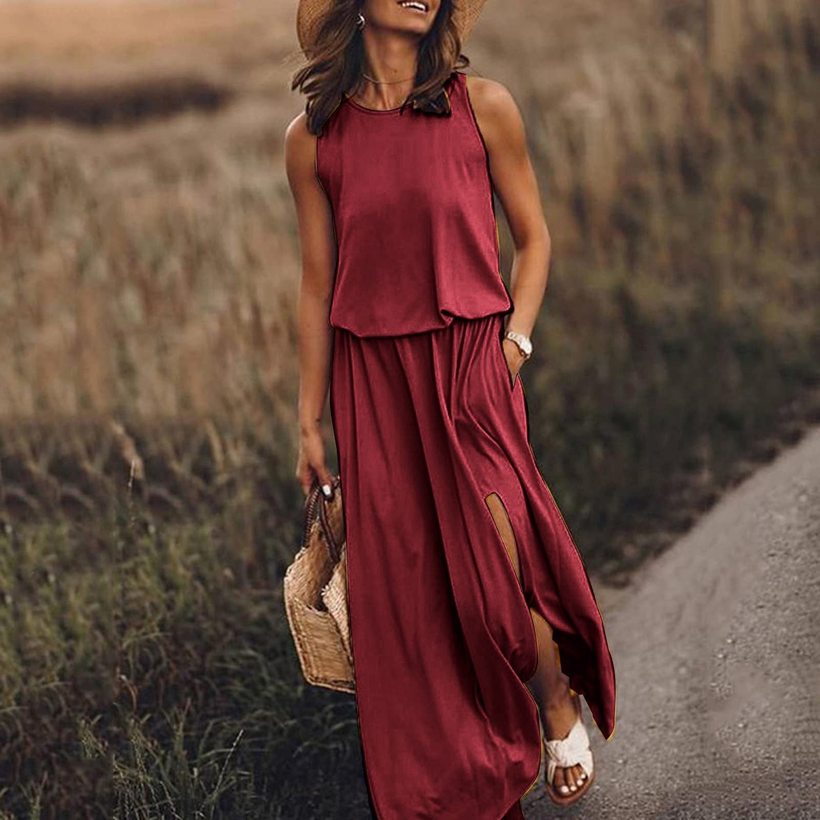 LIZAKOSHT  -  2024 Summer European and American Women's Clothing Trend Retro Round Neck Sleeveless Slit Solid Color Two-piece Dress