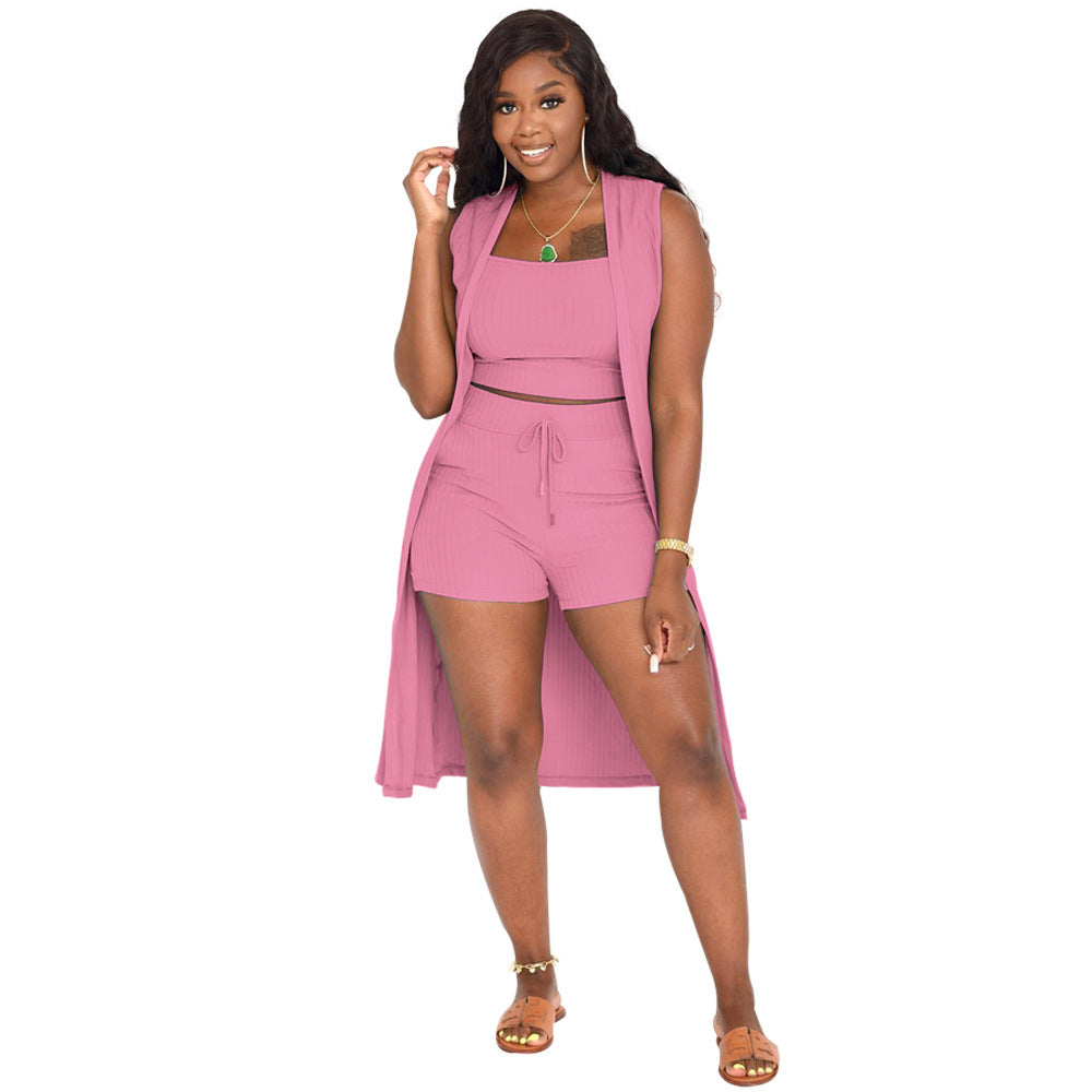 LIZAKOSHT  -  Women's Solid Ribbed Co-ord Set, Casual Crop Tank Top & Drawstring Waist Shorts & Vest Coat Set for Daily Wear, Summer Clothes, Womenswear