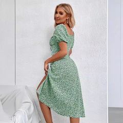 LIZAKOSHT  -  Women's Ditsy Floral Print Puff Sleeve Split Thigh Dress, Boho Short Sleeve Tie Front Square Neck A Line Midi Dress for Beach Holiday Vacation, Ladies Summer Clothes