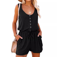 LIZAKOSHT  -  Fisoew Women's Summer Scoop Neck Sleeveless Button Down Tank Top Rompers Elastic Waist Shorts Outfits with Pockets