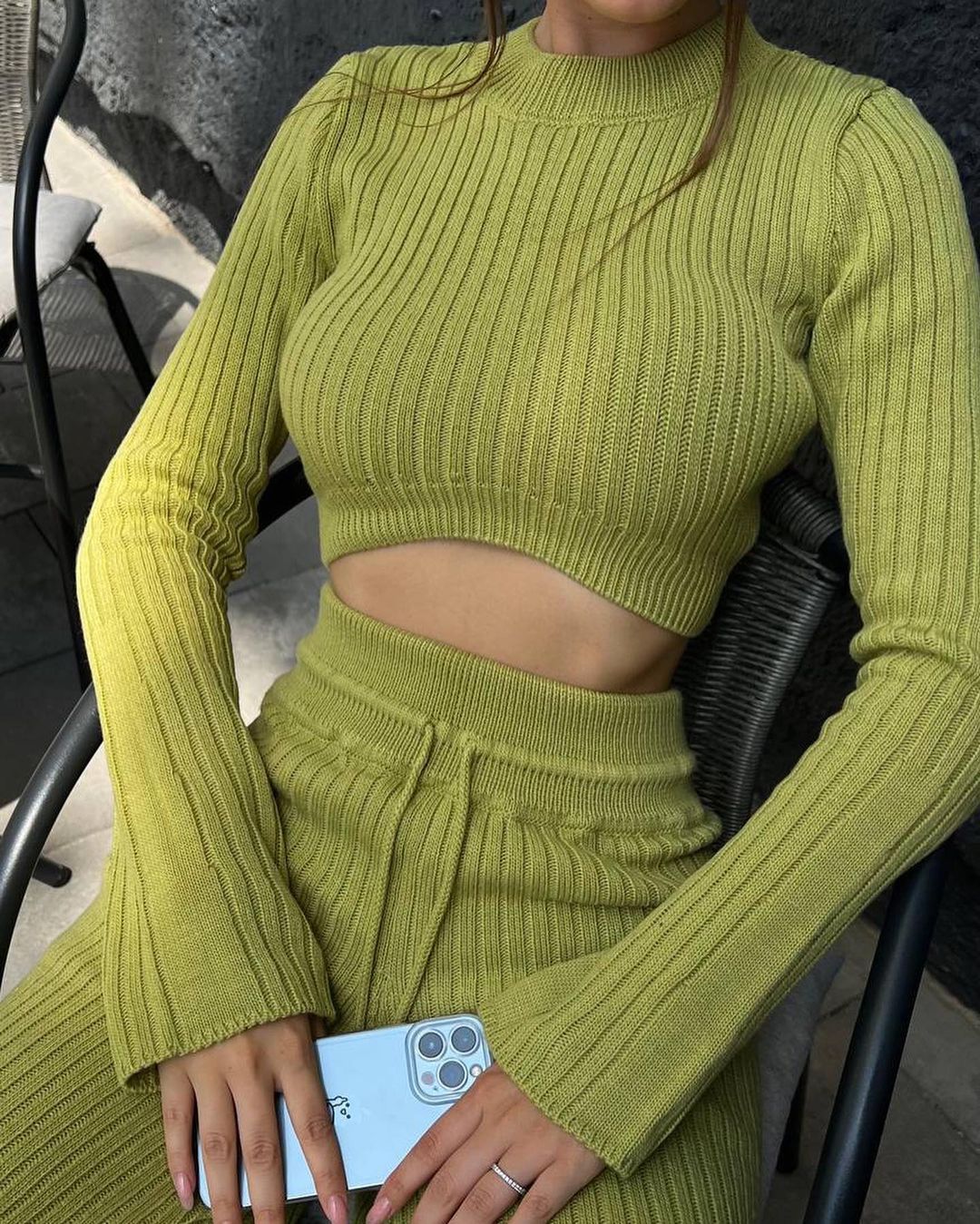 LIZAKOSHT  -  Cross-border European and American Casual Fashion Knitted Suits for Women Autumn and Winter Round Neck Navel-baring Tops Flared Lace-up Trousers Two-piece Suit