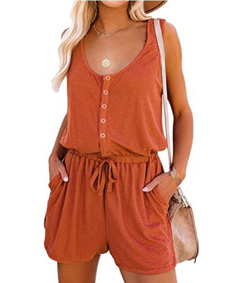 LIZAKOSHT  -  Fisoew Women's Summer Scoop Neck Sleeveless Button Down Tank Top Rompers Elastic Waist Shorts Outfits with Pockets