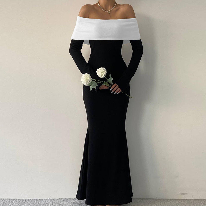 business casual outfits for women French Fashion Classic Contrast Color Laminated Chest Wrap Long Sleeve Slim-Fit Sheath Elegant Style Long Dress