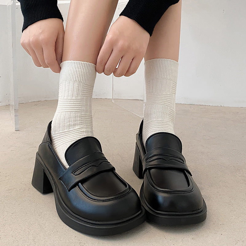 shoes Women's Thick High Heel Retro British Style Leather Shoes 2024 Spring round Toe Black Platform Loafers