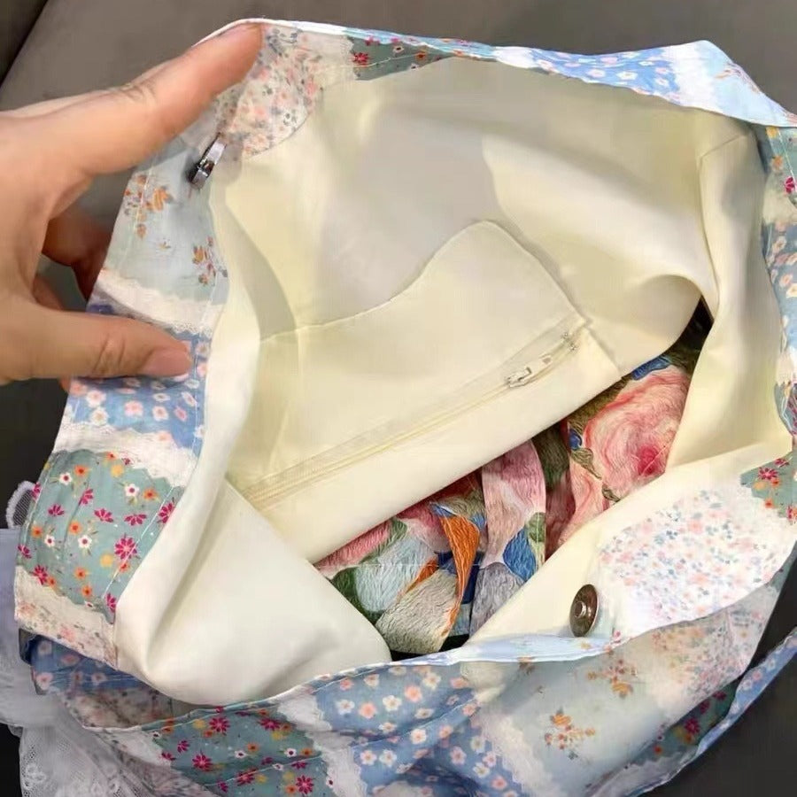 New French Floral Canvas Bag Niche Commuter Portable Underarm Bag Large Capacity Folding Portable Shoulder Tote Bag